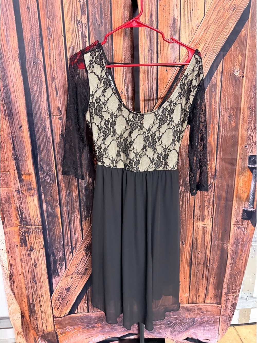 Black and Cream Lace Dress with Sheer Sleeves, Size Medium